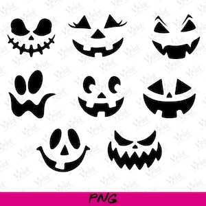 以下が含まれることがあります： 9つの黒いハロウィーンカボチャの顔のデザイン。笑顔やしかめっ面など、それぞれユニークな表情をしています。「PNG」の文字がピンク色の長方形の下部にあります。