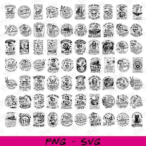 Puede incluir: Una colección de diseños gráficos en blanco y negro con varias frases e ilustraciones. Los diseños incluyen calaveras, mariposas y texto como "I'm Awake" y "Train Wreck". La imagen también incluye el texto "PNG - SVG."