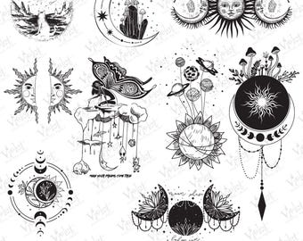 May include: A collection of black and white celestial illustrations, including moons, suns, planets, and a fairy. The designs feature intricate details and mystical themes. The text "MAKE YOUR DREAMS COME TRUE" is also included. The bottom of the image has the text "PNG - SVG".