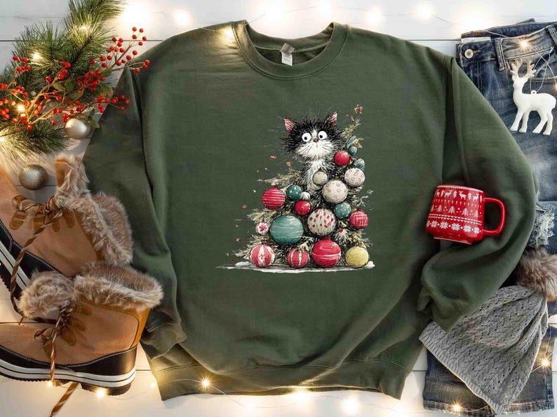 May include: Olive green sweatshirt featuring a whimsical illustration of a black and white cat nestled within a Christmas tree adorned with colorful ornaments. A red mug with a festive pattern and winter boots are also visible.
