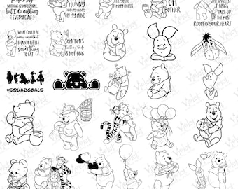 May include: A collection of black and white Winnie the Pooh themed illustrations. The images include Pooh Bear, Piglet, Eeyore, and Tigger in various poses, with quotes and phrases. The bottom of the image has the text "PNG - SVG".