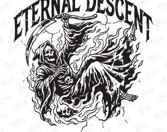 May include: Black and white graphic of a Grim Reaper figure with a scythe, surrounded by flames and skulls. The text "ETERNAL DESCENT" arches above the figure. The bottom of the image has the text "PNG - SVG".