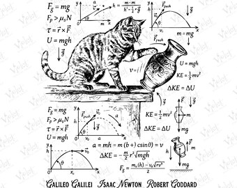 May include: A black and white graphic design titled WHAT CATS REALLY THINK featuring a tabby cat pushing a vase off a table surrounded by physics equations, projectile motion graphs, and the names Galileo Galilei, Isaac Newton, and Robert Goddard.