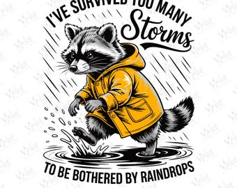 May include: A black and white raccoon wearing a yellow raincoat, walking through a puddle in the rain. The text reads, "I've survived too many storms to be bothered by raindrops."