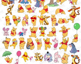 May include: A collection of cartoon illustrations featuring Winnie the Pooh and his friends. The characters are in various poses, with a color palette of yellow, red, pink, and blue. The text "PNG - SVG" is at the bottom.