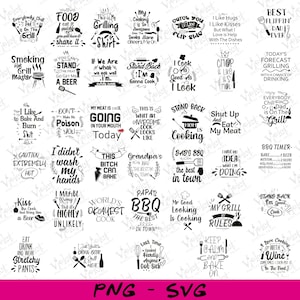 Puede incluir: Una colección de archivos SVG y PNG con varias citas y frases temáticas de barbacoa y cocina en un estilo manuscrito. Los diseños incluyen frases como "My Grill My Rules" y "Best Flippin' Dad Ever". La imagen tiene un fondo rosa.