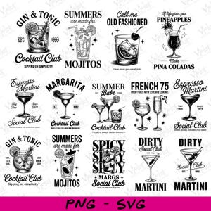 May include: Black and white illustrations of various cocktails, including Gin & Tonic, Mojitos, and Margaritas. The designs feature text such as "Cocktail Club" and "Social Club", with dates and decorative elements.