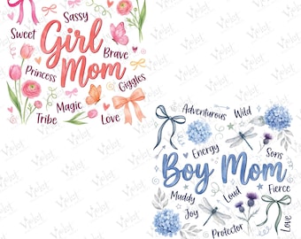 May include: Two watercolor designs with the words "Girl Mom" and "Boy Mom." The "Girl Mom" design features pink and orange accents, flowers, and butterflies. The "Boy Mom" design has blue accents, dragonflies, and thistles. The bottom of the image says "PNG".