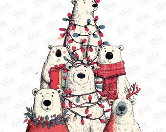 May include: A whimsical illustration of six polar bears arranged in a pyramid. The bears are decorated with Christmas lights, scarves, and a wreath. One bear holds a gift. The image has the text "PNG" at the bottom.