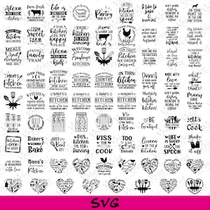 May include: A black and white graphic design set of 40 kitchen-themed SVG files. The designs feature various kitchen-related sayings and phrases, such as "Farm Fresh", "Kiss the Cook", and "Life is Short, Lick the Spoon".