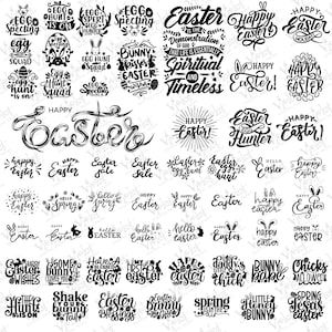 May include: A collection of black and white Easter-themed designs. The image features various text-based graphics, including phrases like "Happy Easter," "Egg Hunt," and "Bunny Kisses." These designs are suitable for crafting projects.