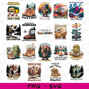 May include: A collection of colorful outdoor-themed graphics featuring hiking boots, mountains, camping scenes, and text like "Take a Hike" and "Adventure." The designs include a sloth with a backpack, a bear with a beer, and a compass.