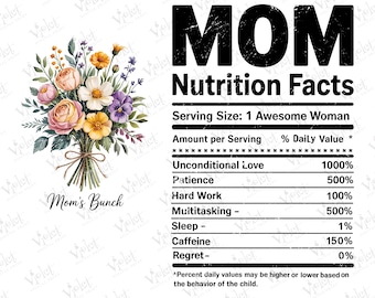 May include: A graphic design featuring a bouquet of flowers and the text "Mom's Bunch." The design includes a "Nutrition Facts" label for a mom, listing qualities like unconditional love and patience. The background is white.