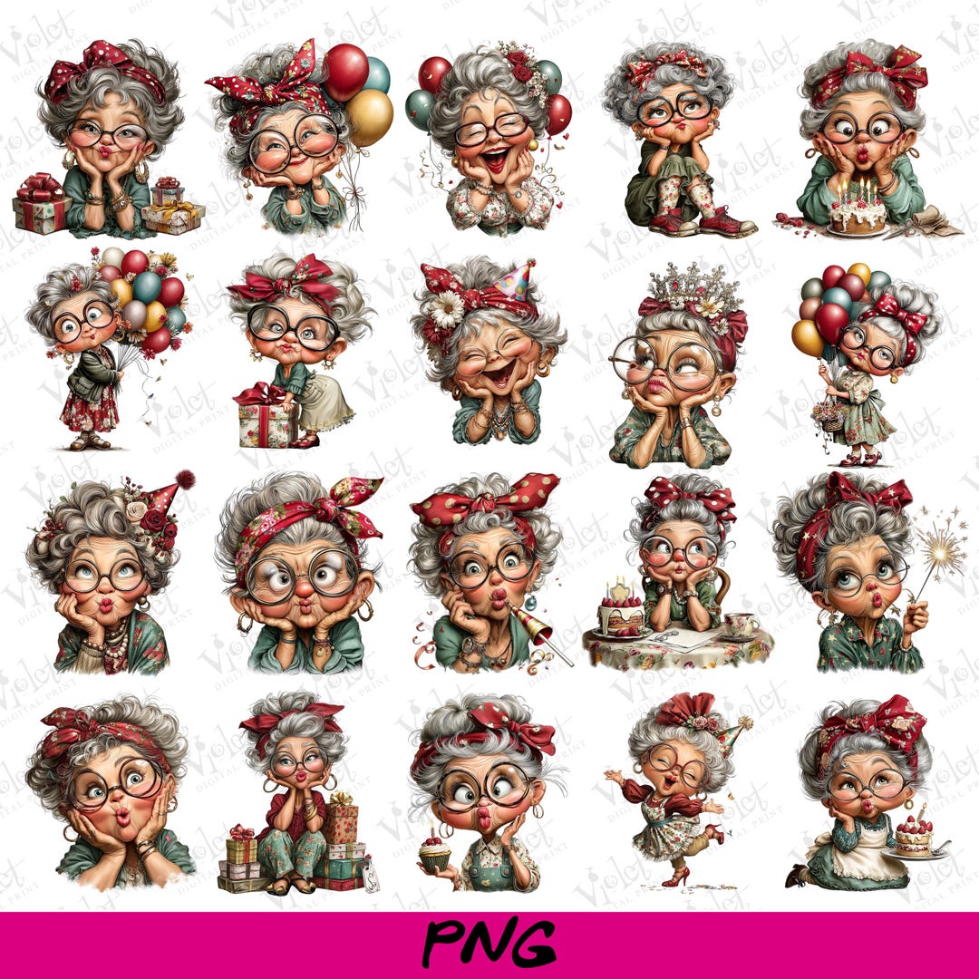 Whimsical Old Lady Birthday Clipart PNG, Funny Grandma Birthday Design ...