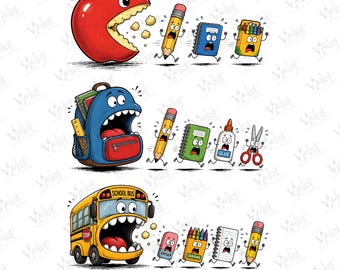 May include: A digital illustration featuring three rows of cartoon school supplies. The top row shows a red apple chasing a pencil, notebook, and crayon box. The middle row shows a blue backpack chasing a pencil, notebook, glue, and scissors. The bottom row shows a yellow school bus chasing an eraser, crayon box, notebook, and pencil.
