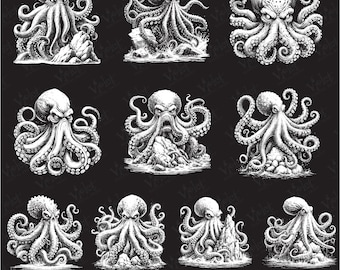 Dark Kraken Monster Bundle PNG – Gothic Sea Creature Octopus Sublimation Clipart for Shirts & Crafts