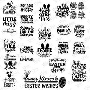 Puede incluir: Elementos de diseño gráfico en blanco y negro con texto de temática de Pascua. El texto incluye frases como "Feliz Pascua", "Besos de conejito", "Deseos de Pascua" y "Bendiciones de Pascua".