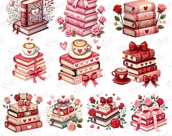 Valentine’s Day Books Clipart Bundle PNG | Romantic Reading Illustrations (Digital Download)