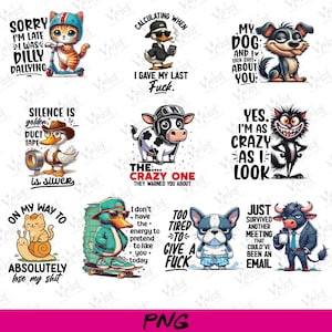 May include: A collection of digital art featuring various cartoon animals with humorous phrases. The images include a cat on a scooter, a duck with a calculator, a dog, a duck with duct tape, a cow, a cat, a snail, a duck on a skateboard, a dog, and a bull.