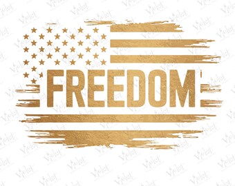 May include: Gold-colored graphic of the American flag with the word "FREEDOM" in bold letters. The flag design features stars and stripes with a distressed, textured appearance. The image is on a white background.