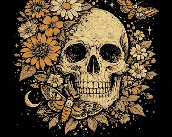 May include: A graphic illustration on a black background featuring a central human skull surrounded by various orange and cream-colored flowers, leaves, and two moths. A small crescent moon and several four-pointed stars are scattered throughout.