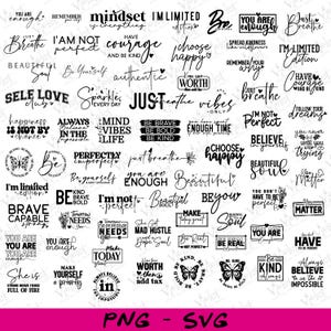 Puede incluir: Una colección de citas y frases inspiradoras en una variedad de fuentes. Las frases incluyen "Breathe", "Be Brave", "Choose Happy" y "You Are Enough". La imagen es un diseño digital, con un fondo rosa y texto negro.