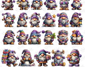 May include: A collection of colorful gnome illustrations. Each gnome is depicted with a long white beard, a pointed hat, and various accessories. The gnomes are dressed in vibrant outfits with purple, blue, and green hues. Some gnomes hold gifts, lanterns, or stars.