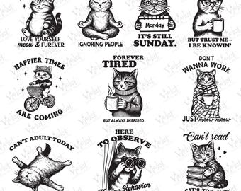 May include: A collection of black and white cat illustrations with various phrases, including "Self Love Club," "My Superpower?," and "Forever Tired." The images are in a digital art style, with a pink background and the text "PNG - SVG."