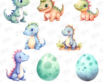 May include: Watercolor illustrations of adorable baby dinosaurs in various colors, including green, blue, and pink. The image also features two dinosaur eggs with a speckled design. The word "PNG" is visible at the bottom.