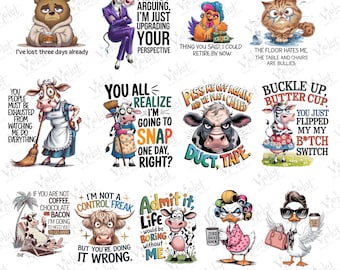 May include: A set of digital art prints with comical animal illustrations and witty phrases. The images showcase a bear, cow, cat, and duck, each with distinct expressions and text. The theme is humorous and sarcastic, suitable for home decor or gifts.