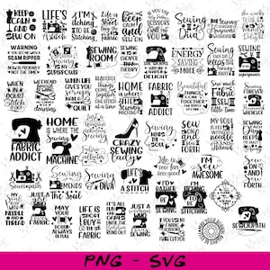 May include: A selection of black and white sewing-themed SVG and PNG graphics. The designs feature sewing machines, quotes like "Sewing is my superpower," and phrases such as "Fabric Addict." The graphics are suitable for crafting projects.