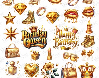 Reina de cumpleaños dorada PNG: Clipart de chica afro (Descarga digital)