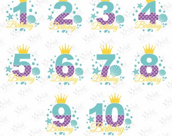 May include: A collection of mermaid-themed birthday graphics, each featuring a number from 1 to 10. The numbers are in teal with purple scale patterns, topped with a gold crown, and surrounded by starfish, seashells, and the word "Birthday".