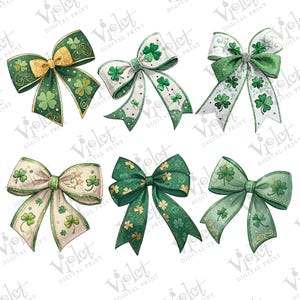 May include: Six green and white shamrock bows with gold glitter accents. The bows are ideal for St. Patrick's Day crafts and decorations.