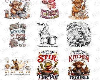 May include: A collection of nine digital illustrations featuring anthropomorphic animals in kitchen settings, including a highland cow, a pig, a frog, a skeleton, and geese, with various culinary-themed text captions like Baking My Feelings Again.