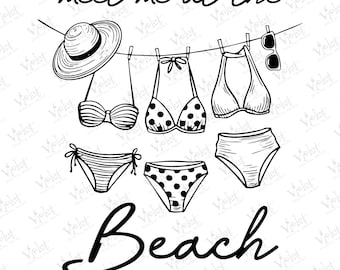 May include: Black and white line art illustration of beachwear, including bikinis, a sun hat, and sunglasses, hanging on a clothesline. The text "meet me at the Beach" is above and below the items.
