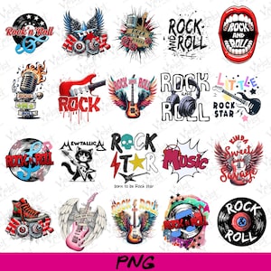 Puede incluir: Una colección de gráficos con temática de rock and roll. Los diseños incluyen guitarras, micrófonos, notas musicales y las palabras "Rock and Roll" en varias fuentes y estilos. La paleta de colores incluye rojo, negro, blanco y azul.