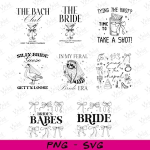 Puede incluir: Una colección de diseños digitales en blanco y negro con ilustraciones y texto con temática de boda. Los diseños incluyen copas de cóctel, un ganso con velo, un mapache con champán y frases como "The Bach Club" y "Bride's Babes."