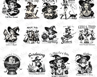 Vintage Witch Clipart Bundle: Retro Halloween PNG Graphics (Digital Download)