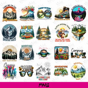 May include: A selection of vibrant, retro-style graphic designs focused on camping and hiking. The designs incorporate mountains, trees, and outdoor adventure themes, with phrases such as "Adventure Awaits" and "Take Me to the Mountains."