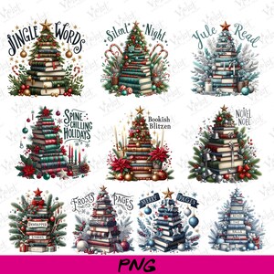 May include: A collection of Christmas-themed digital art featuring stacks of books arranged in the shape of Christmas trees. Each design includes festive decorations, text, and a star on top. The text includes phrases like "Jingle Words" and "Silent Night."