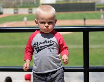 Rookie of the Year shirt with Personalized back. Kids baseball shirt Infant, Toddler and youth sizes. Raglan style shirt.