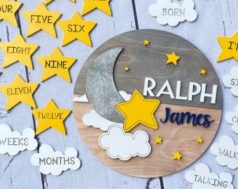 Personalized Interchangeable Milestone sign | Moon and Stars Birth announcement | Wooden Name Sign | Newborn Photo Prop | over crib name