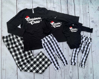 Christmas Crew or Cousin Crew Long Sleeve shirt with Optional Pants | NB to Adult 2X | White Buffalo Plaid | Matching Family Outfit