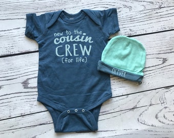 New to the Cousin Crew bodysuit and hat for newborn boy. Personalized Gift. New to the Crazy Cousin Crew . Newborn baby boy gift.