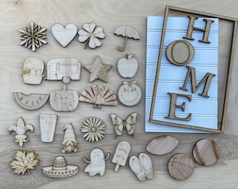 DIY Interchangeable Home sign with  25 unfinsihed shapes and shiplap background | DIY summer craft | DIY home gift | New home gift |