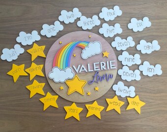 Personalized Interchangeable Milestone sign | Birth announcement Sign | Wooden Name Sign | Newborn Photo Prop | Rainbow Baby | 12 inches