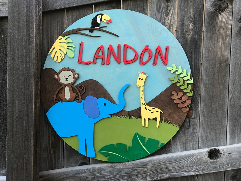 Jungle Nursery Sign shops | Boys Room Decor | Jungle Nursery Art | Round Name Sign 18 20 22 or 24 inch | New baby Gift | Zoo Nursery Decor