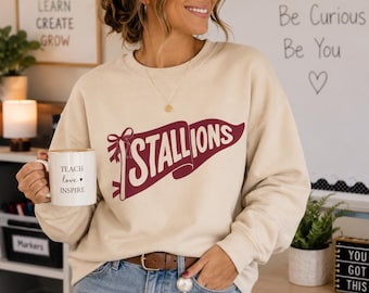 Custom School Spirit Vintage Wash Sweatshirt | Personalized Team Pennant Crewneck | Teacher Sweatshirt| Mascot Sweatshirt |School Pride Gift