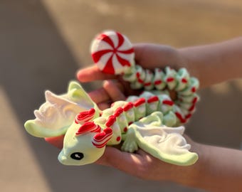 Peppermint Dragon by Teal Cat Creative | Articulated Dragon | Desk Fidget Toy Gift | Flexi Dragon | Unique Stocking Stuffer Christmas Dragon